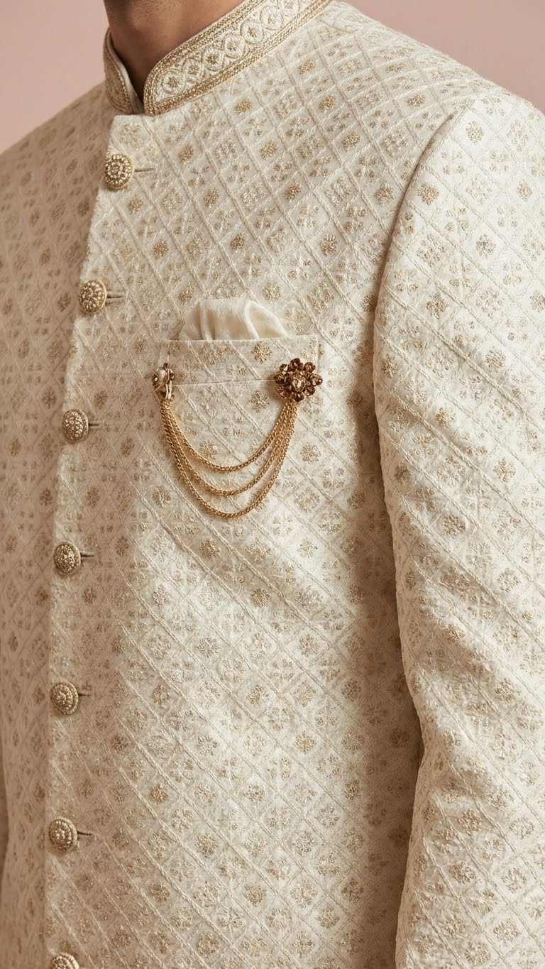 Cream Embroidered Silk Men's Sherwani with Brooch Detail