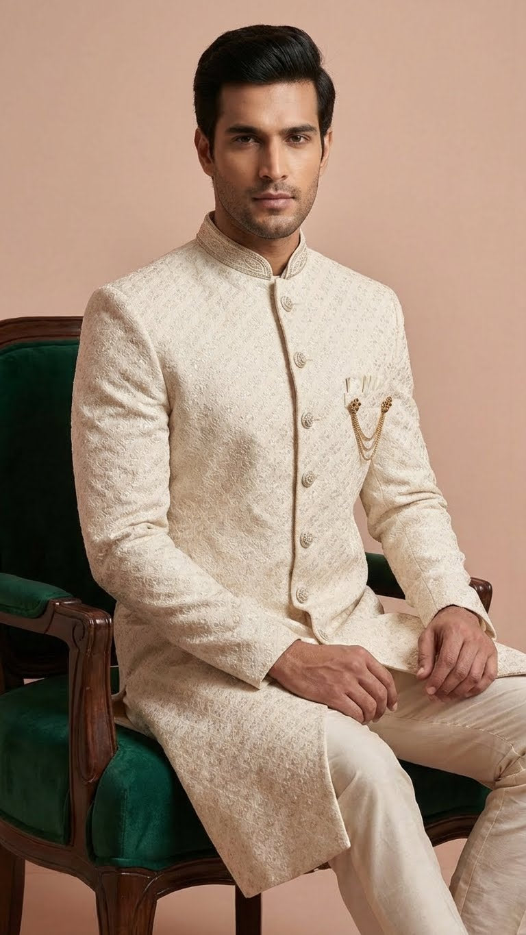 Cream Embroidered Designer Men’s Sherwani