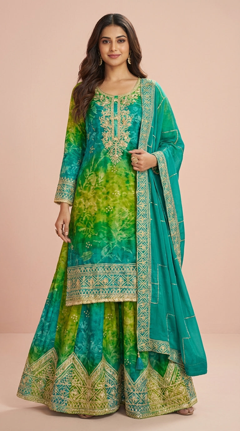 Emerald Green Chinon Silk Embroidered Palazzo Suit Set
