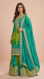 Emerald Green Chinon Silk Embroidered Palazzo Suit Set