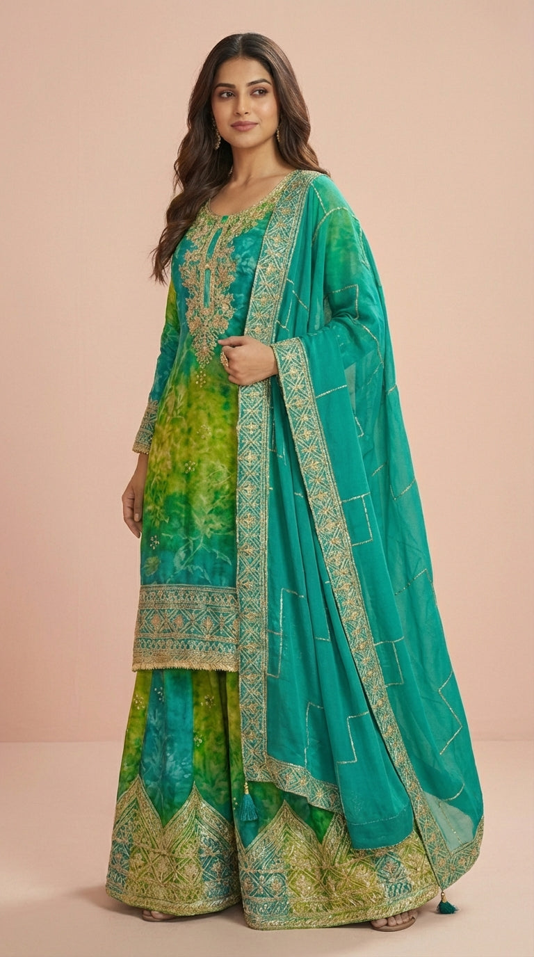 Emerald Green Chinon Silk Embroidered Palazzo Suit Set