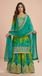 Emerald Green Chinon Silk Embroidered Palazzo Suit Set