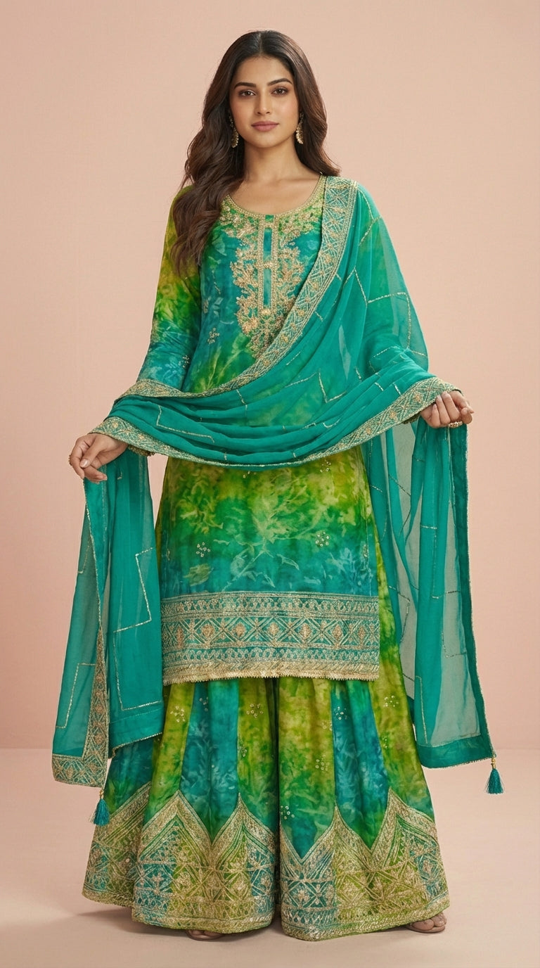 Emerald Green Chinon Silk Embroidered Palazzo Suit Set