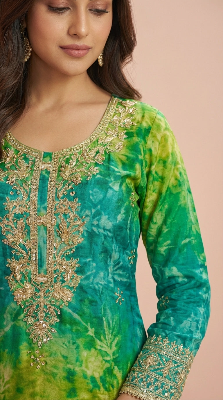 Emerald Green Chinon Silk Embroidered Palazzo Suit Set