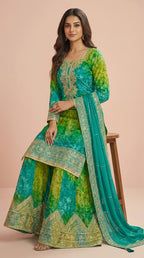 Emerald Green Chinon Silk Embroidered Palazzo Suit Set