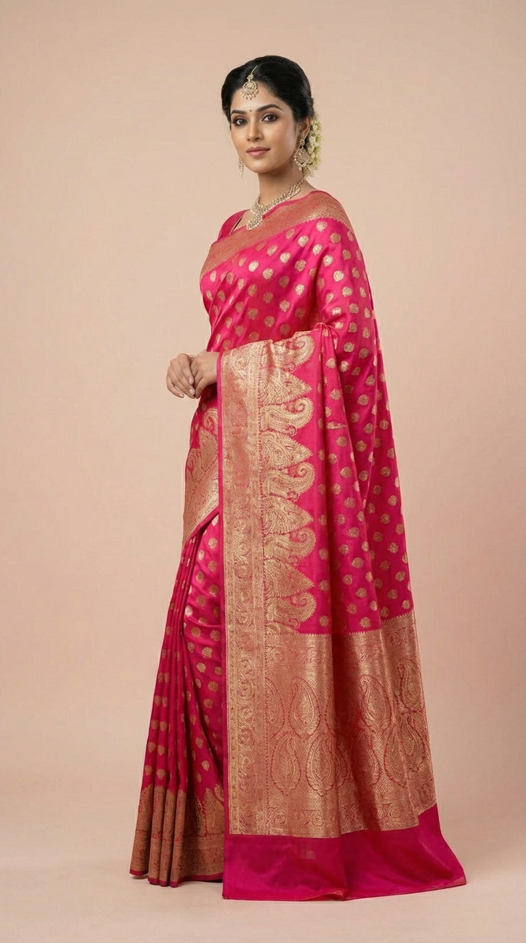 Rani Pink Silk Saree with Antique Gold Zari Weaving