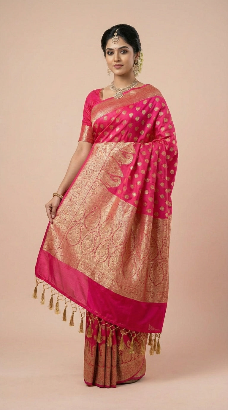 Rani Pink Silk Saree with Antique Gold Zari Weaving