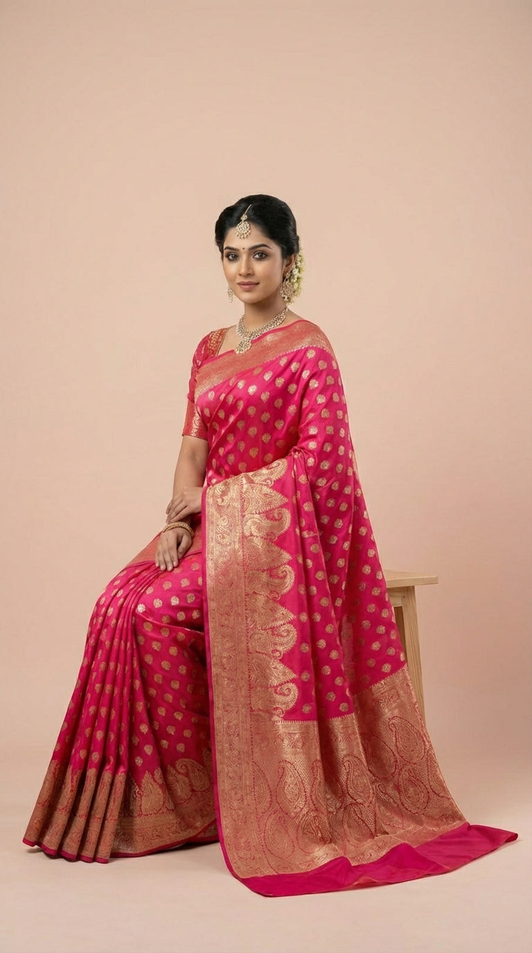 Rani Pink Silk Saree with Antique Gold Zari Weaving