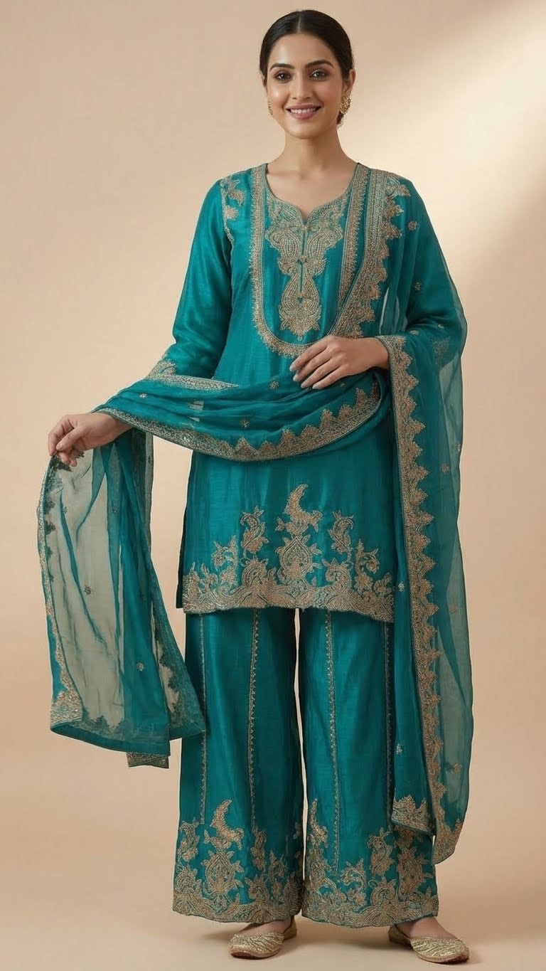 Teal Heavy Soft Silk 3-Piece Plazo Set with Elegant Thread Work