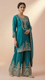 Teal Heavy Soft Silk 3-Piece Plazo Set with Elegant Thread Work