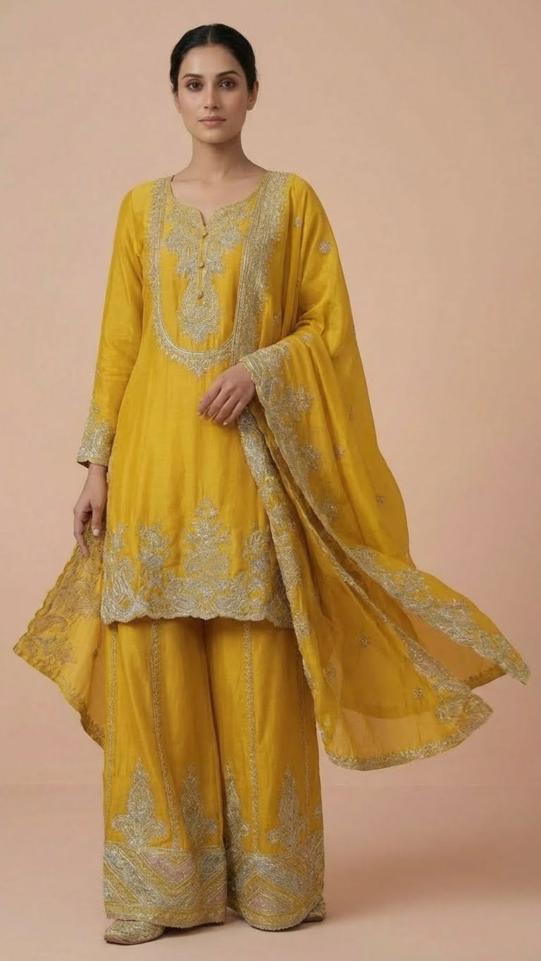 Lime Yellow Heavy Soft Silk 3-Piece Plazo Set with Elegant Thread Work