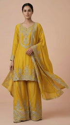 Lime Yellow Heavy Soft Silk 3-Piece Plazo Set with Elegant Thread Work