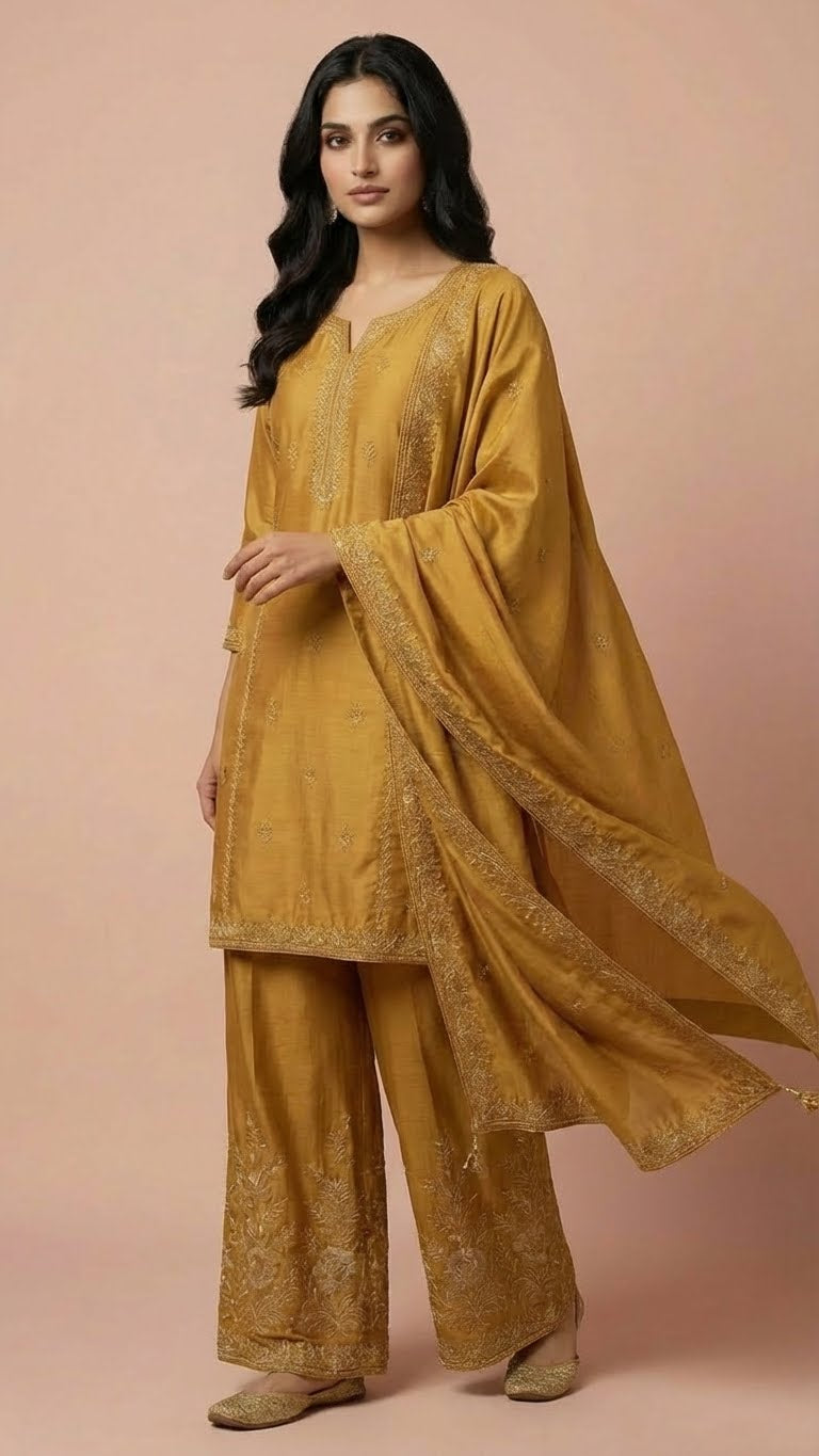 Mustard Gold Heavy Soft Silk 3-Piece Plazo Set with Elegant Thread Work