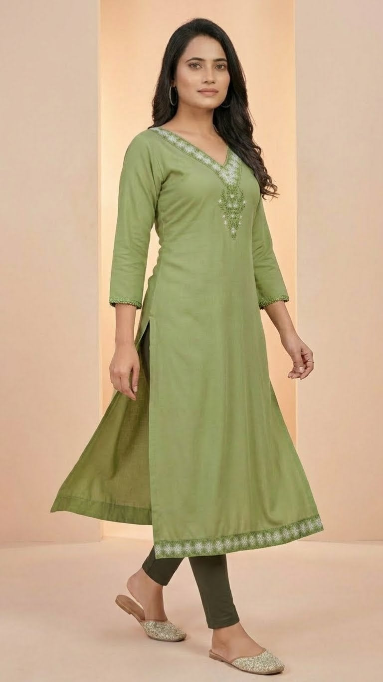 Olive Green Rayon Cotton Kurti with Gala Embroidery