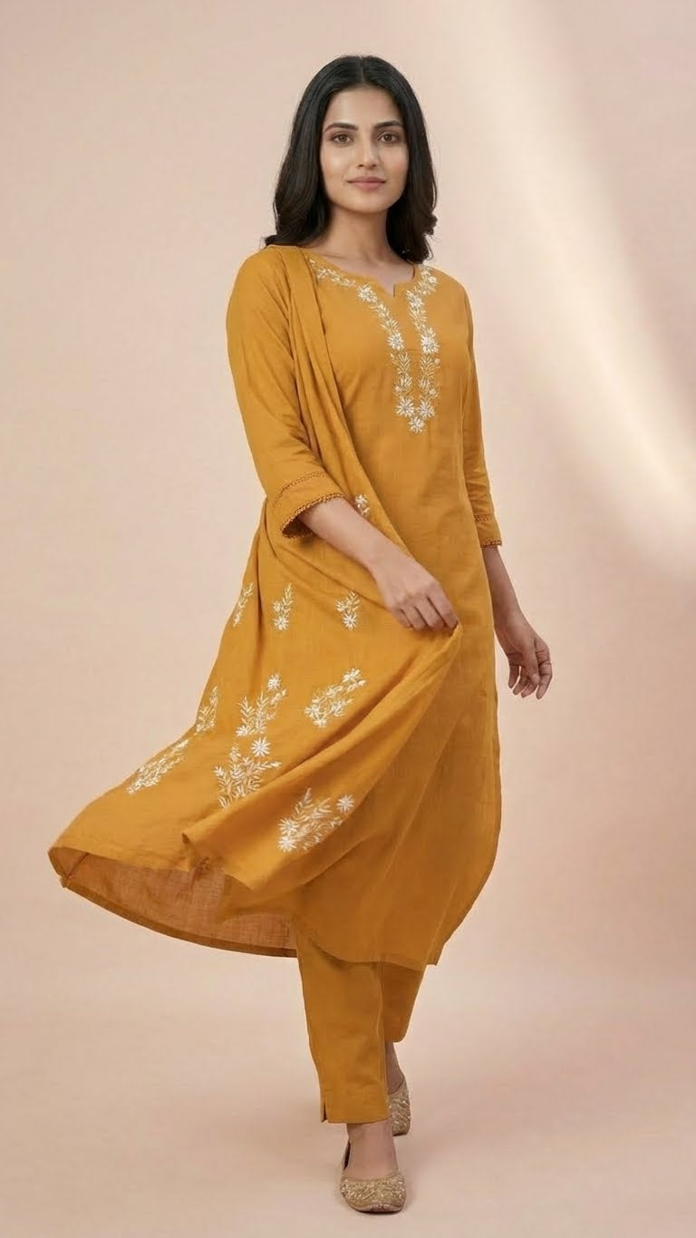 Mustard Gold Rayon Cotton Long Kurti with Gala Embroidery