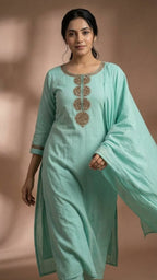 Sea Green Soft Cotton Long Kurti with Sequins & Cutdana Embroidery