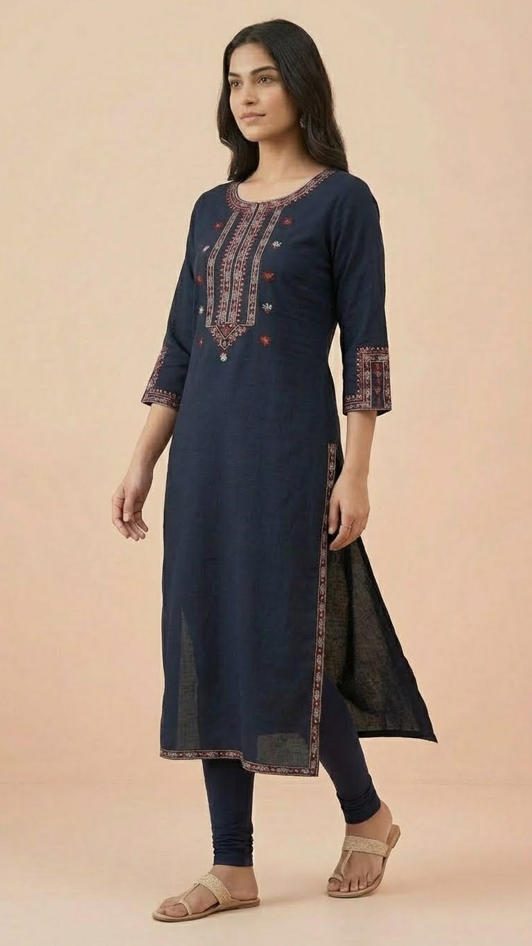 Navy Blue Soft Cotton Long Kurti with Elegant Thread Work & Stylish Sleeves