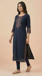 Navy Blue Soft Cotton Long Kurti with Elegant Thread Work & Stylish Sleeves
