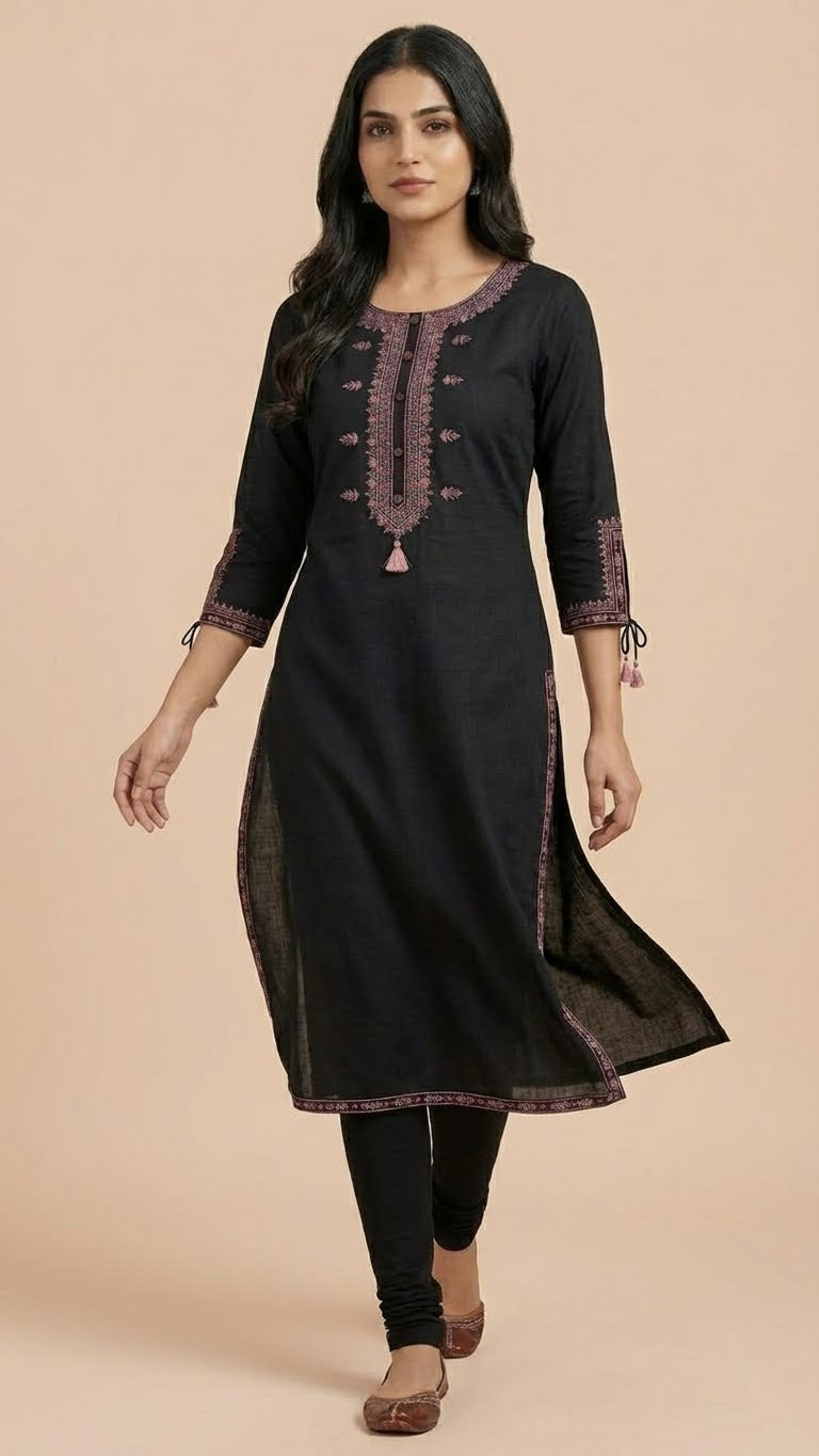 Black Soft Cotton Long Kurti with Quality Thread Embroidery & Stylish Sleeves