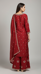 Red Vichitra Silk 3-Piece Plazo Set – Women’s Wedding & Party Wear