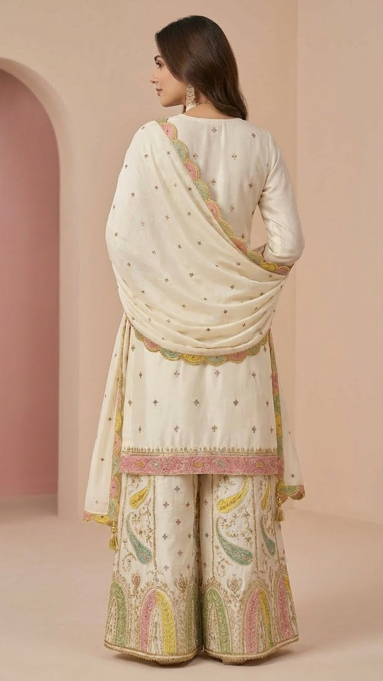 Off-White Heavy Soft Silk 3-Piece Plazo Set with Elegant Thread Work