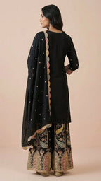 Black Heavy Soft Silk 3-Piece Plazo Set with Elegant Thread Work