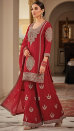Red Vichitra Silk 3-Piece Plazo Set – Women’s Wedding & Party Wear