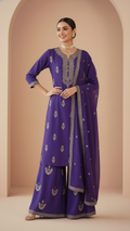 Purple Vichitra Silk 3-Piece Plazo Set – Women’s Wedding & Party Wear