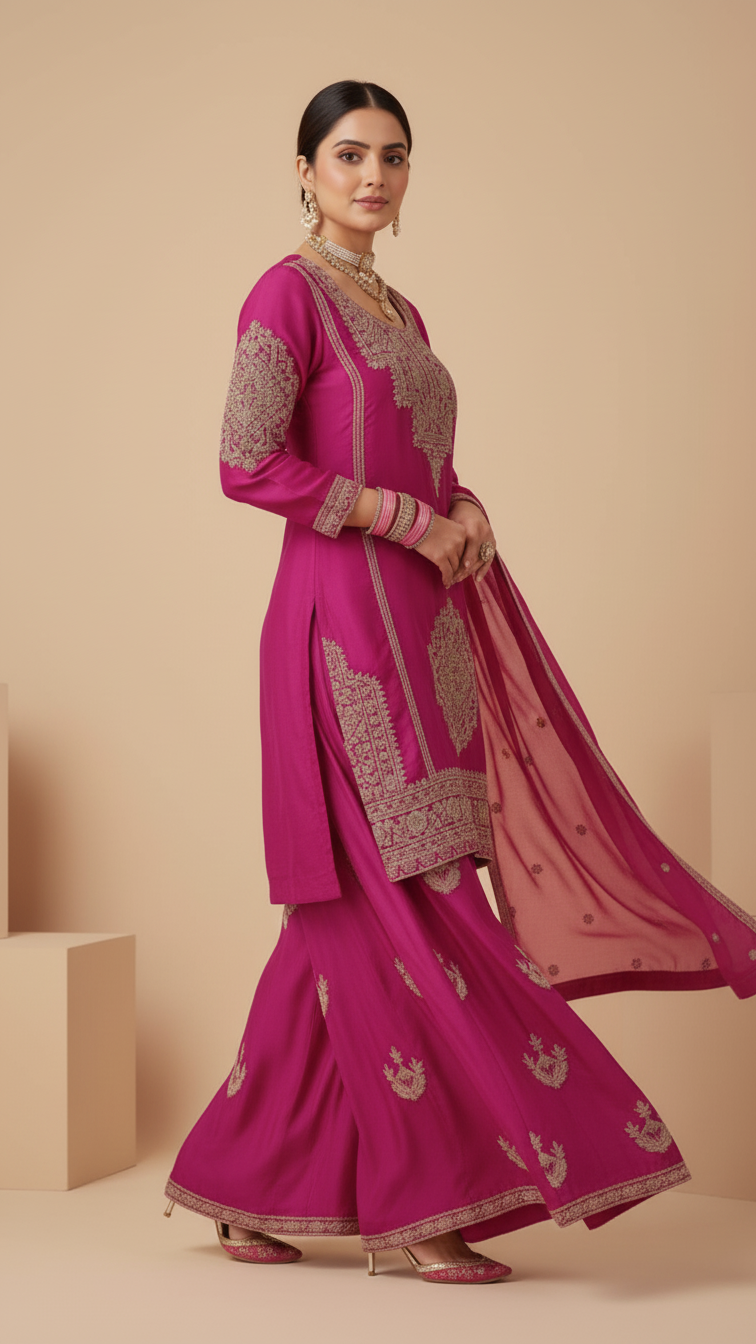 Hot Pink Vichitra Silk 3-Piece Plazo Set – Women’s Wedding & Party Wear