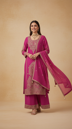 Hot Pink Vichitra Silk 3-Piece Plazo Set – Women’s Wedding & Party Wear
