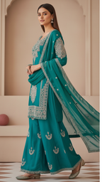 Rama Green Vichitra Silk 3-Piece Plazo Set – Women’s Party & Wedding Wear