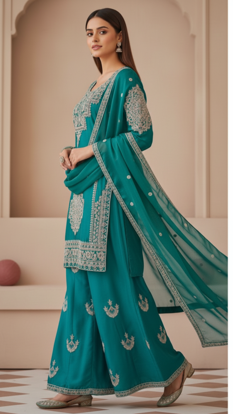 Rama Green Vichitra Silk 3-Piece Plazo Set – Women’s Party & Wedding Wear