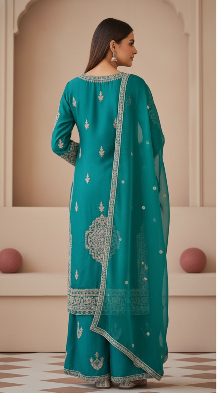 Rama Green Vichitra Silk 3-Piece Plazo Set – Women’s Party & Wedding Wear