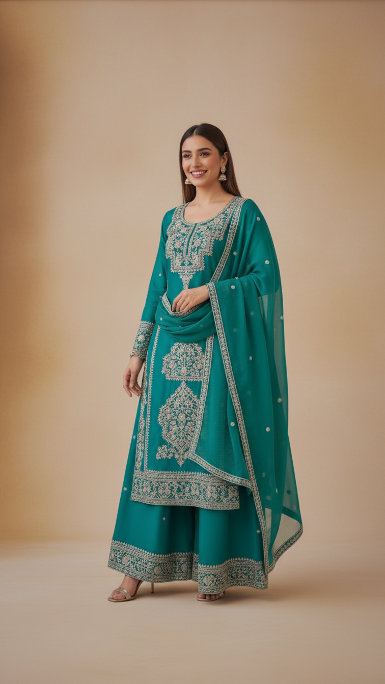 Rama Green Vichitra Silk 3-Piece Plazo Set – Women’s Party & Wedding Wear