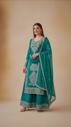 Rama Green Vichitra Silk 3-Piece Plazo Set – Women’s Party & Wedding Wear
