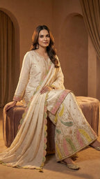 Off-White Heavy Soft Silk 3-Piece Plazo Set with Elegant Thread Work