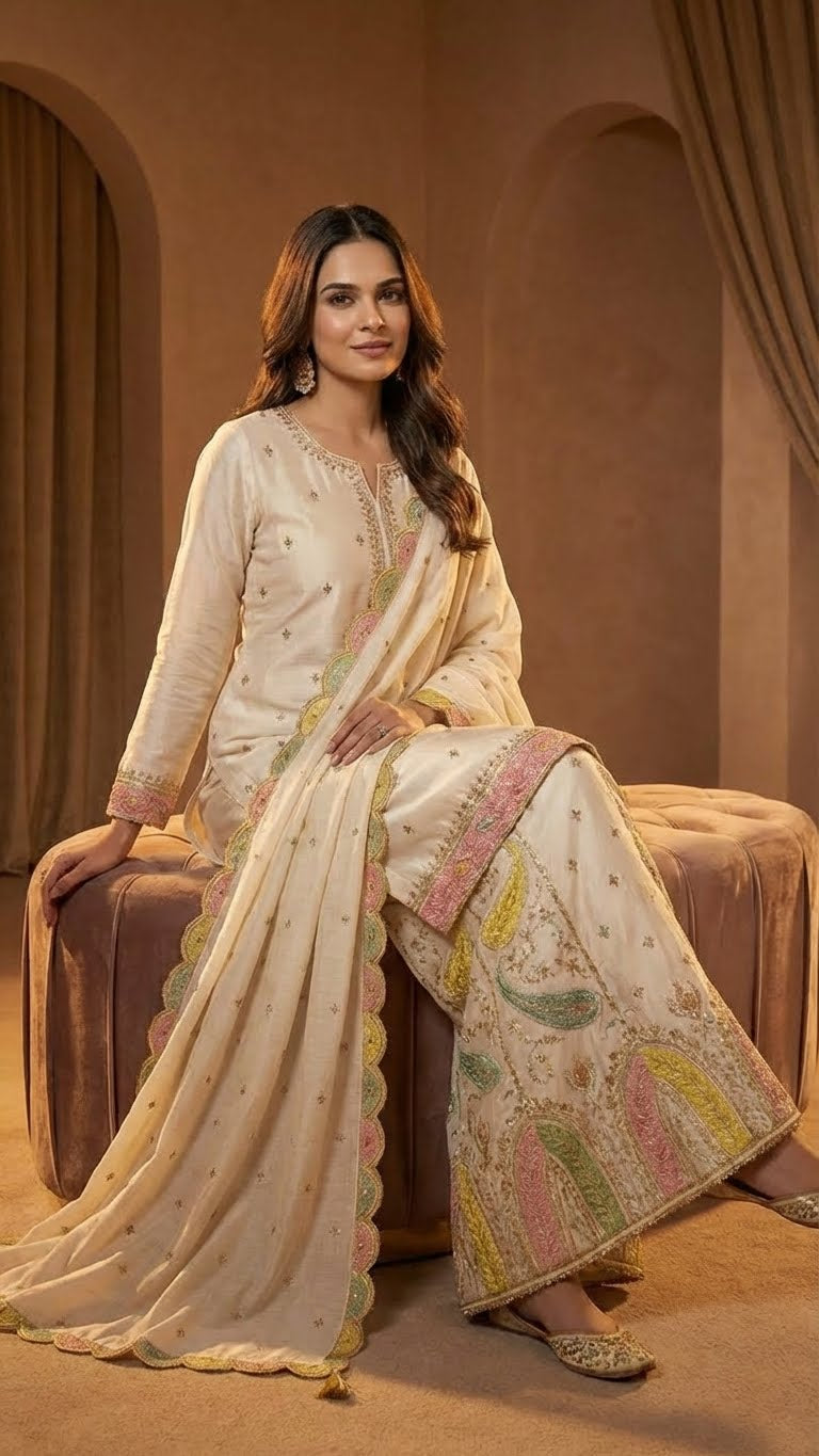 Off-White Heavy Soft Silk 3-Piece Plazo Set with Elegant Thread Work