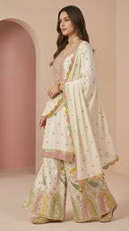 Off-White Heavy Soft Silk 3-Piece Plazo Set with Elegant Thread Work