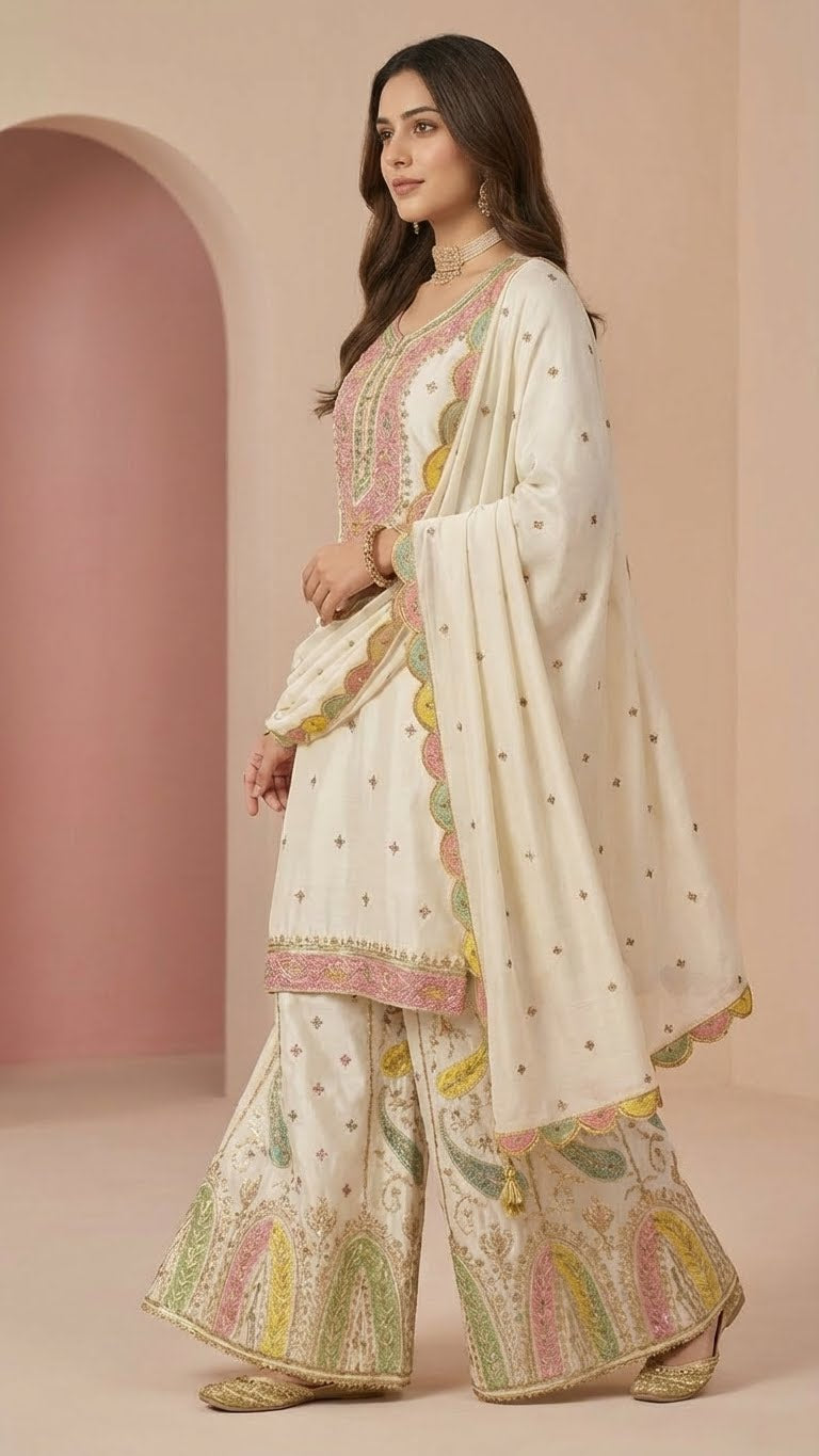 Off-White Heavy Soft Silk 3-Piece Plazo Set with Elegant Thread Work