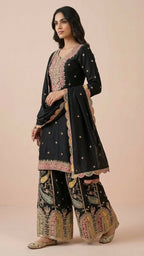 Black Heavy Soft Silk 3-Piece Plazo Set with Elegant Thread Work