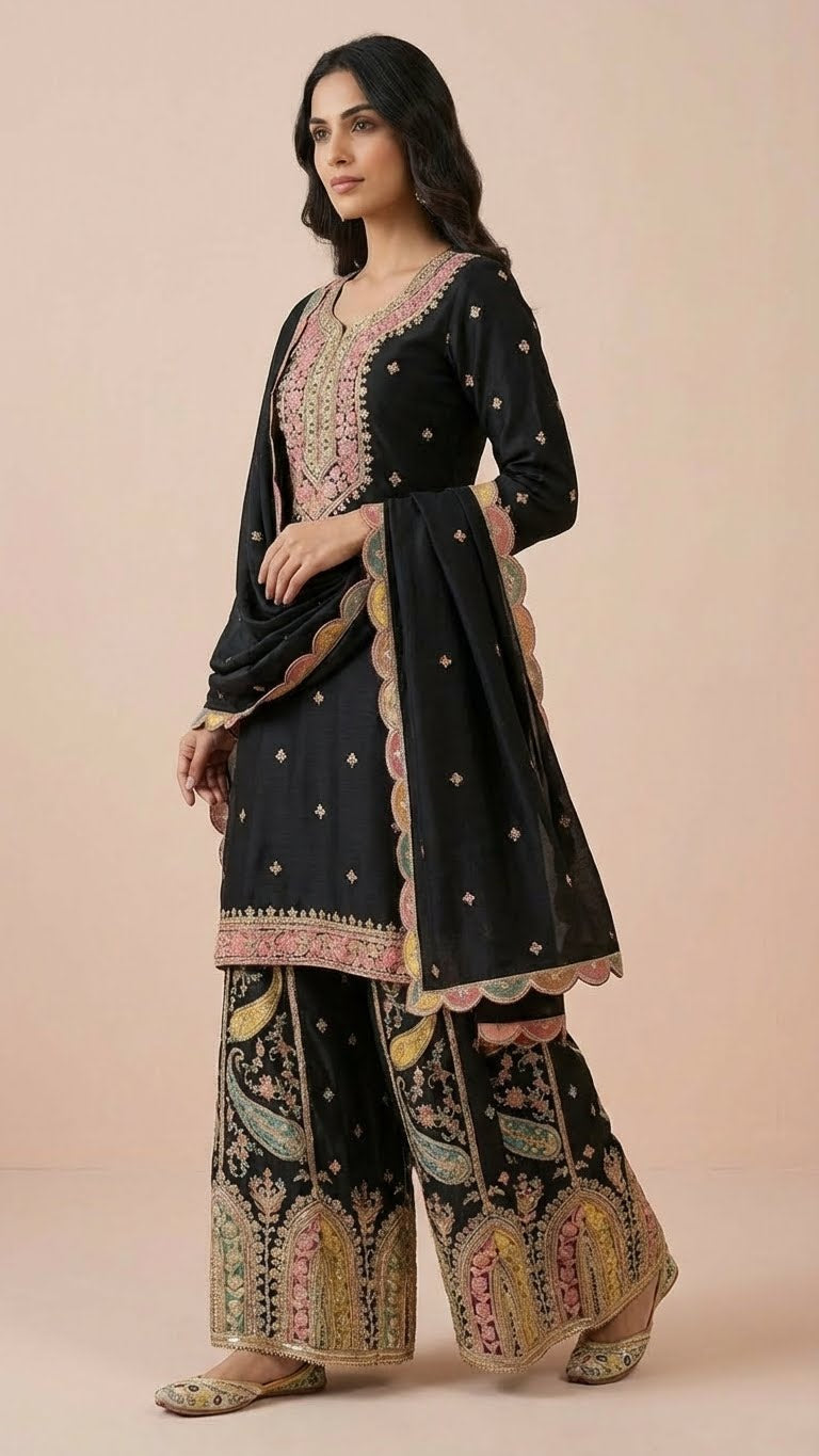 Black Heavy Soft Silk 3-Piece Plazo Set with Elegant Thread Work