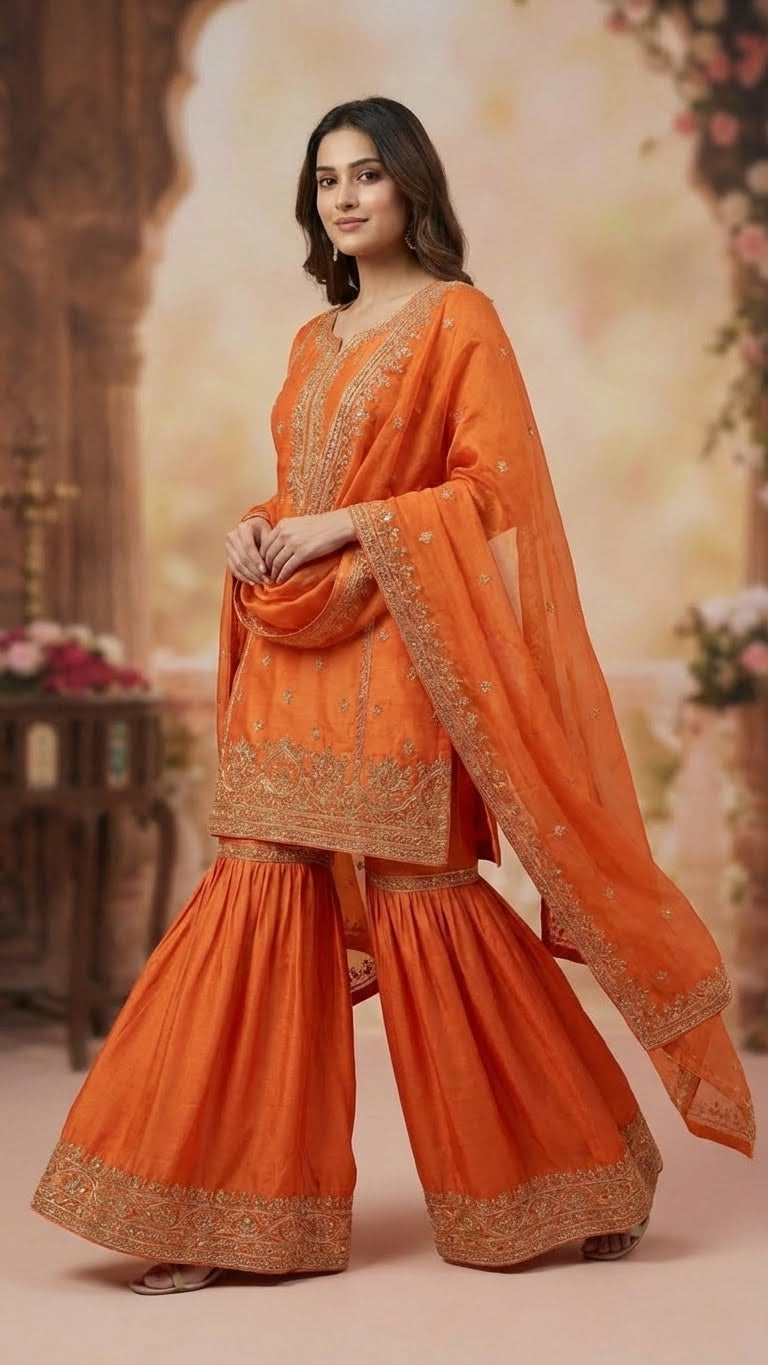 Orange Heavy Soft Silk 3-Piece Sharara Set with Elegant Thread Work