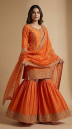 Orange Heavy Soft Silk 3-Piece Sharara Set with Elegant Thread Work