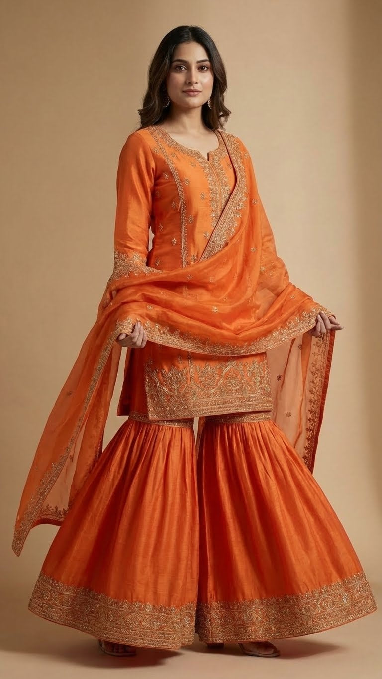 Orange Heavy Soft Silk 3-Piece Sharara Set with Elegant Thread Work