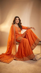 Orange Heavy Soft Silk 3-Piece Sharara Set with Elegant Thread Work