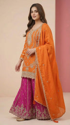 Orange & Magenta Heavy Soft Silk 3-Piece Plazo Set with Elegant Thread Work
