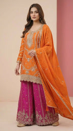 Orange & Magenta Heavy Soft Silk 3-Piece Plazo Set with Elegant Thread Work