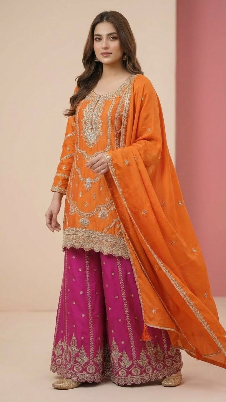 Orange & Magenta Heavy Soft Silk 3-Piece Plazo Set with Elegant Thread Work