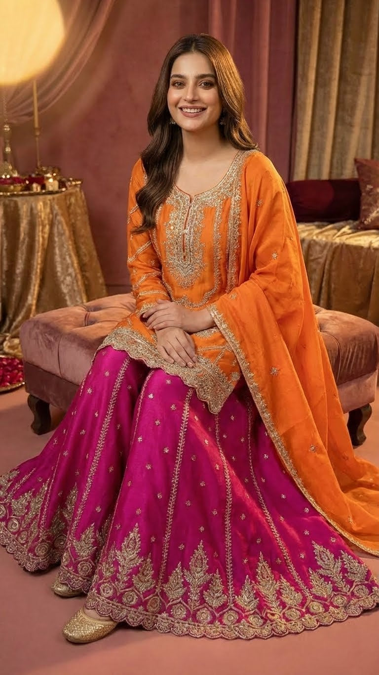 Orange & Magenta Heavy Soft Silk 3-Piece Plazo Set with Elegant Thread Work