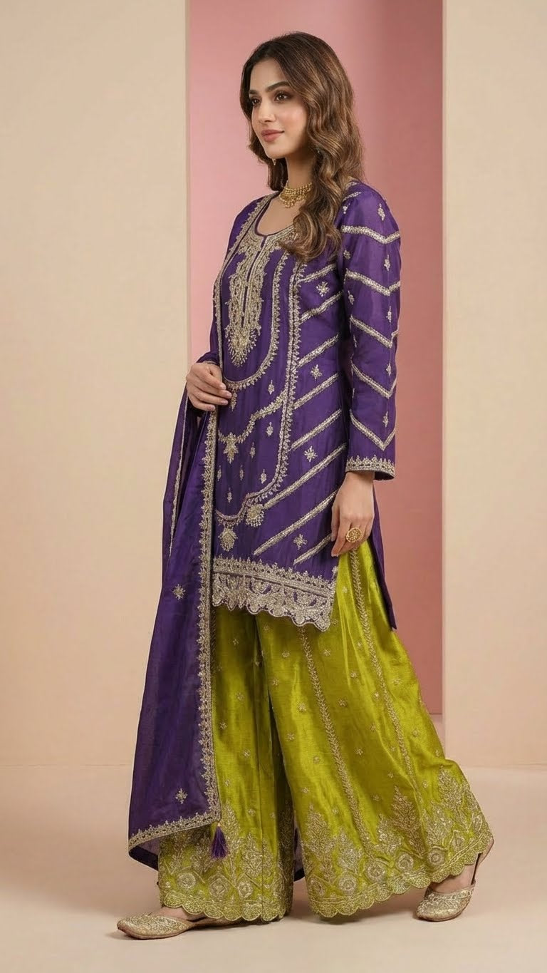 Deep Purple & Lime Green Heavy Soft Silk 3-Piece Plazo Set with Elegant Thread Work